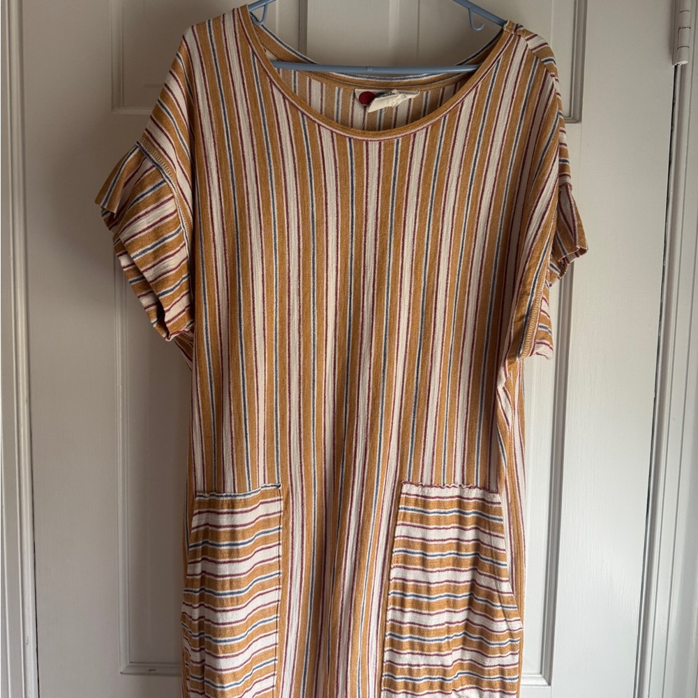 FP Beach Striped Maxi Dress L 100% Cotton Mustard Boho Pockets - Picture 3 of 8
